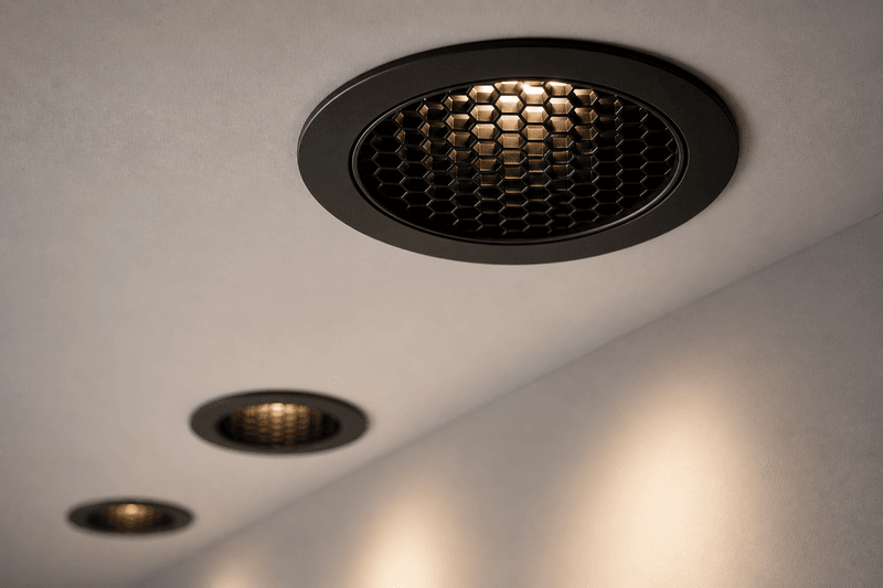LED Deckeneinbauleuchte mit Wabenraster zur Reduktion von Blendung und gezielter Lichtlenkung